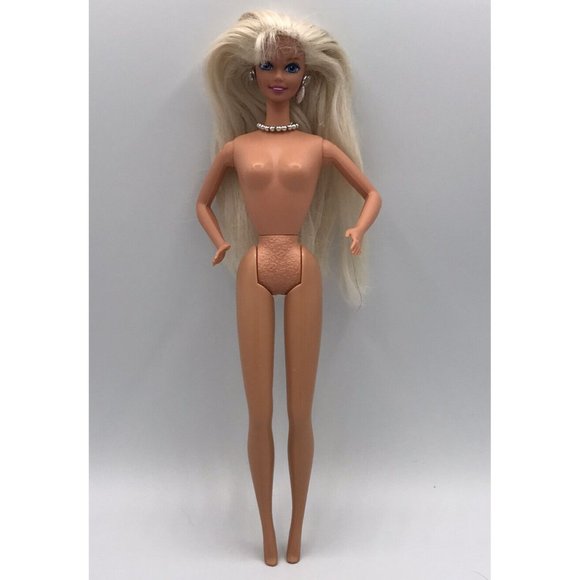 Barbie Other - Barbie Doll Long Blonde Hair Blue Gold Eyes Silver Necklace & Earrings Nude GUC